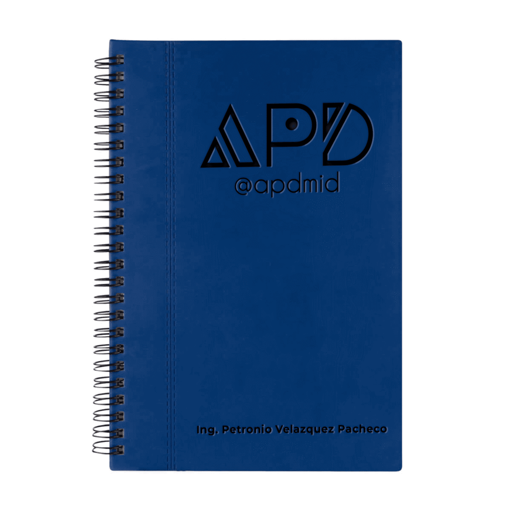 libreta espiral hojas rayas grabado azul logo nombre