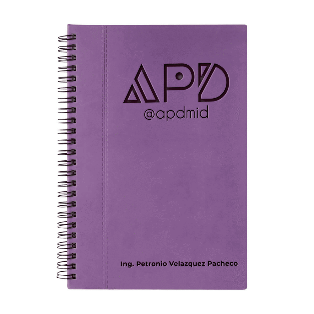 libreta espiral hojas rayas grabado morado logo nombre