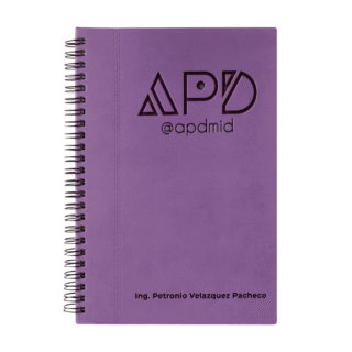 libreta espiral hojas rayas grabado morado logo nombre