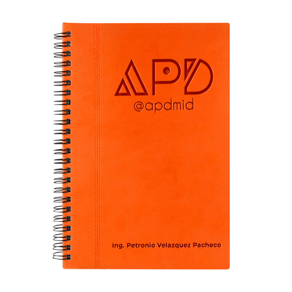 libreta espiral hojas rayas grabado naranja logo nombre