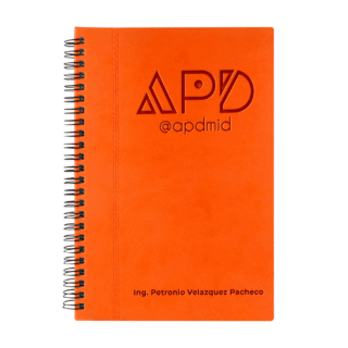 libreta espiral hojas rayas grabado naranja logo nombre