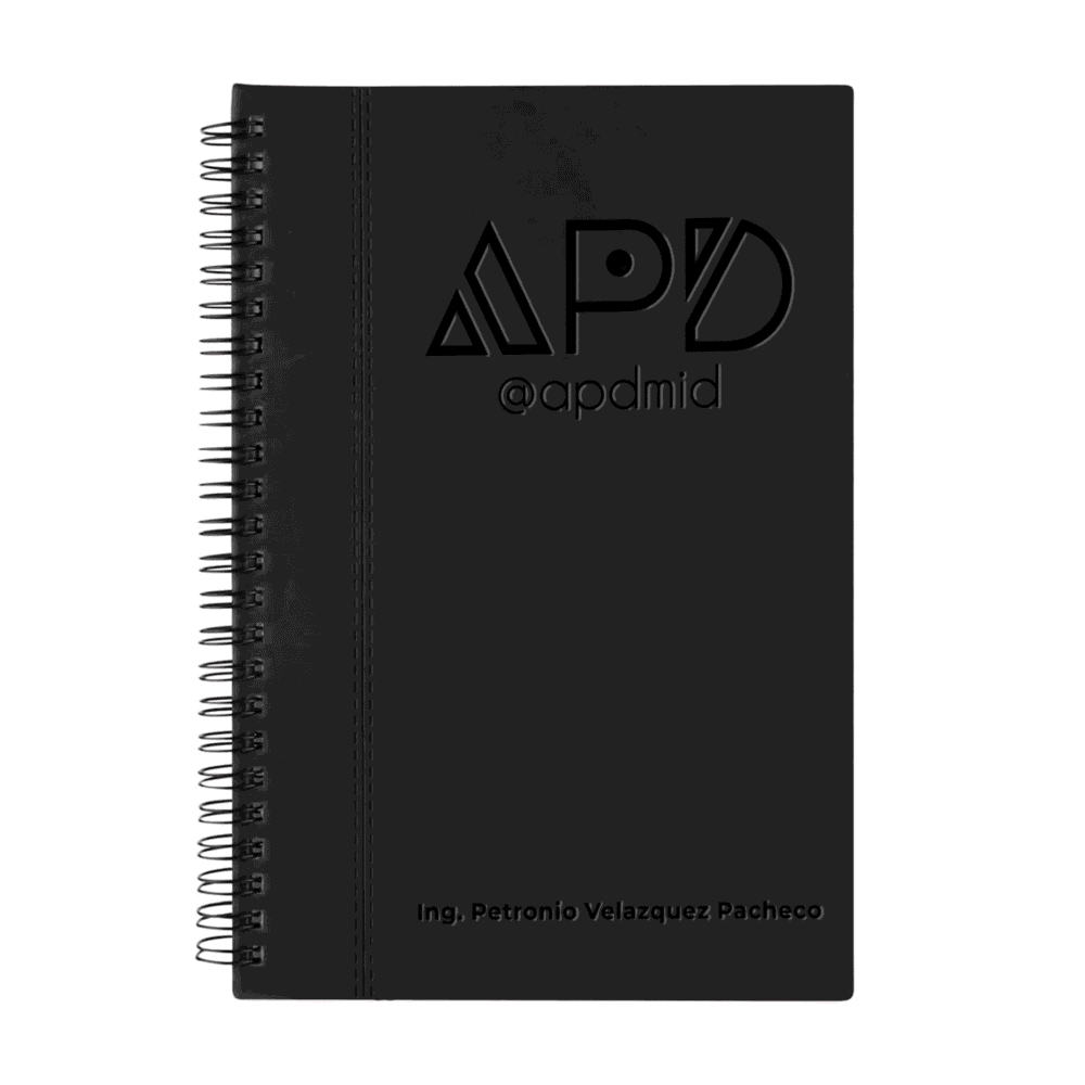 libreta espiral hojas rayas grabado negro logo nombre