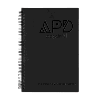 libreta espiral hojas rayas grabado negro logo nombre