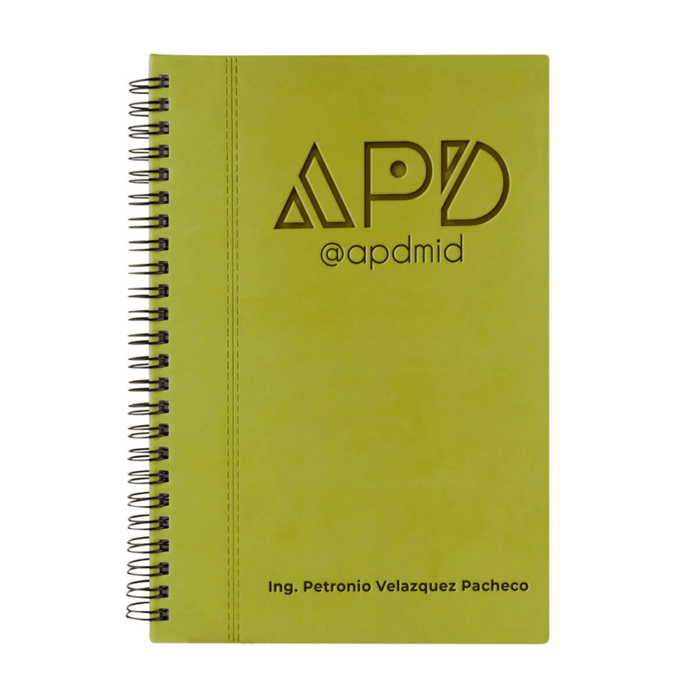 libreta espiral hojas rayas grabado verde logo nombre