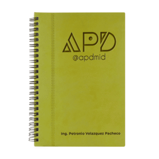 libreta espiral hojas rayas grabado verde logo nombre