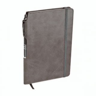 libreta hojas rayas boligrafo elastico grabado gris