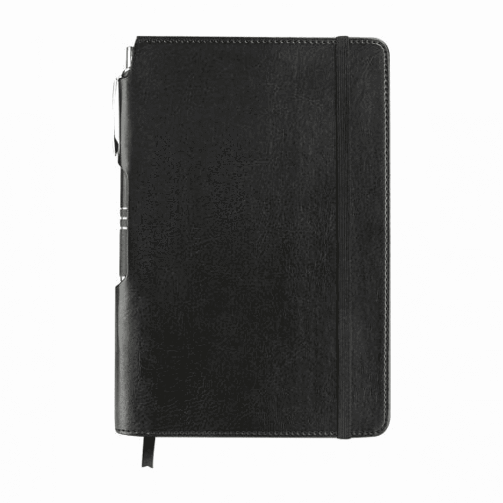 libreta hojas rayas boligrafo elastico grabado negro