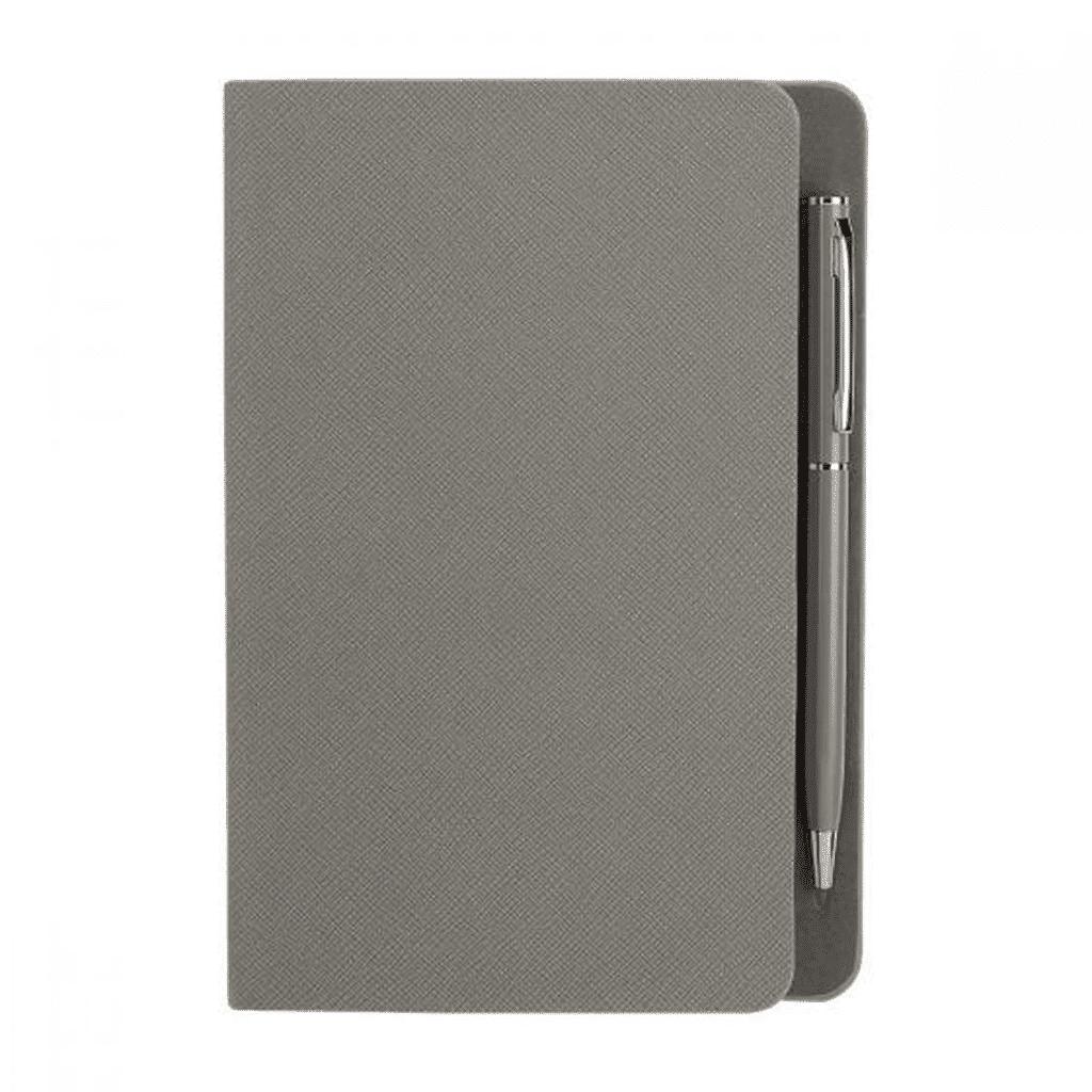 libreta hojas rayas boligrafo grabado gris