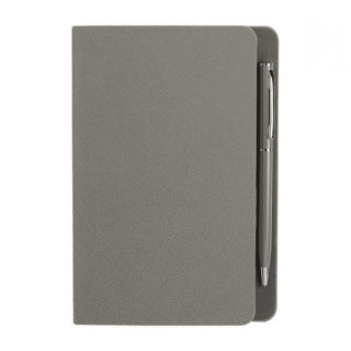 libreta hojas rayas boligrafo grabado gris