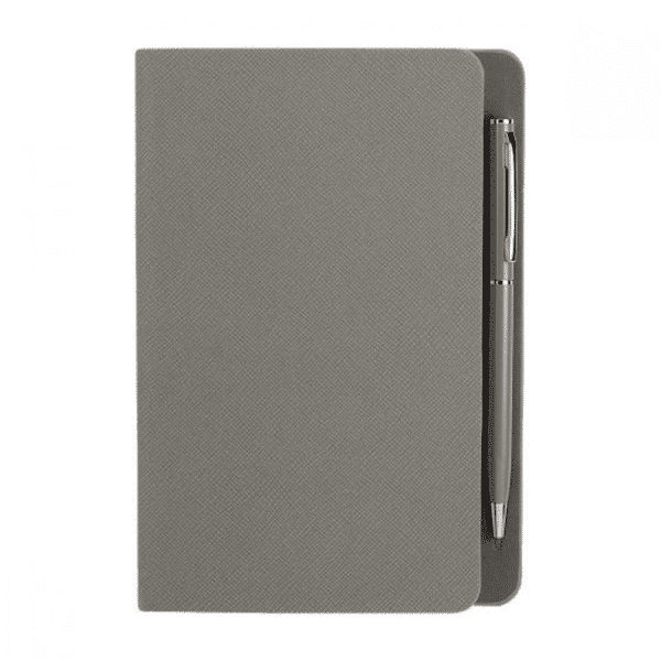 libreta hojas rayas boligrafo grabado gris