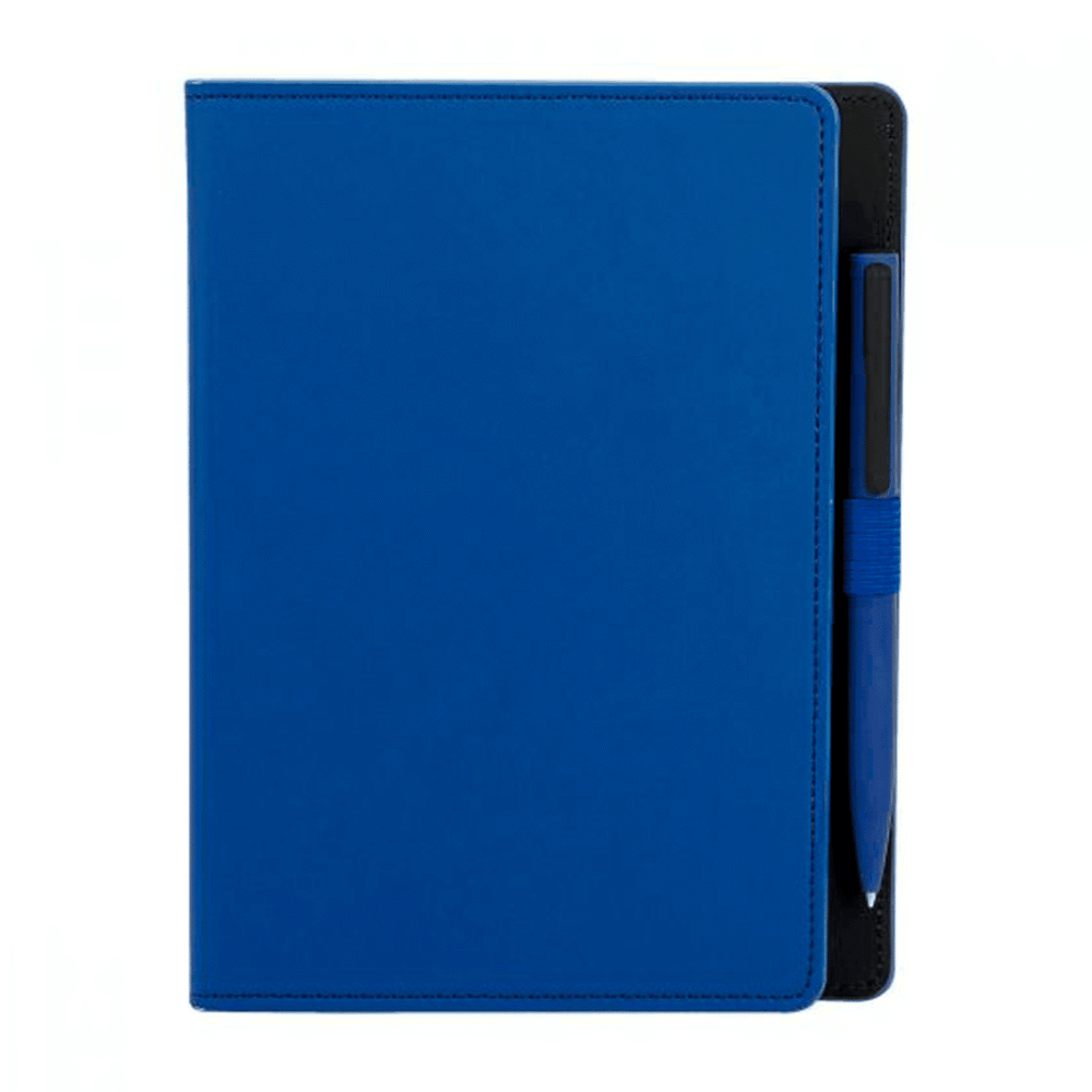 libreta hojas rayas boligrafo plastico grabado azul
