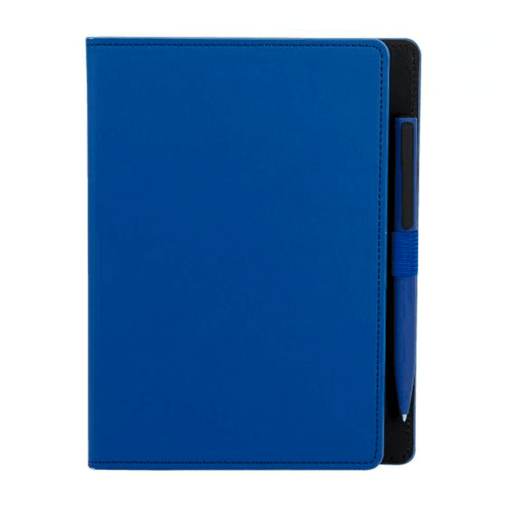 libreta hojas rayas boligrafo plastico grabado azul