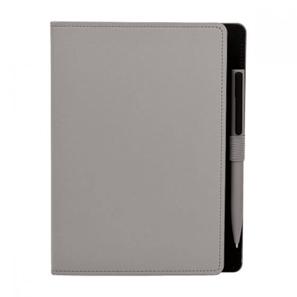 libreta hojas rayas boligrafo plastico grabado gris