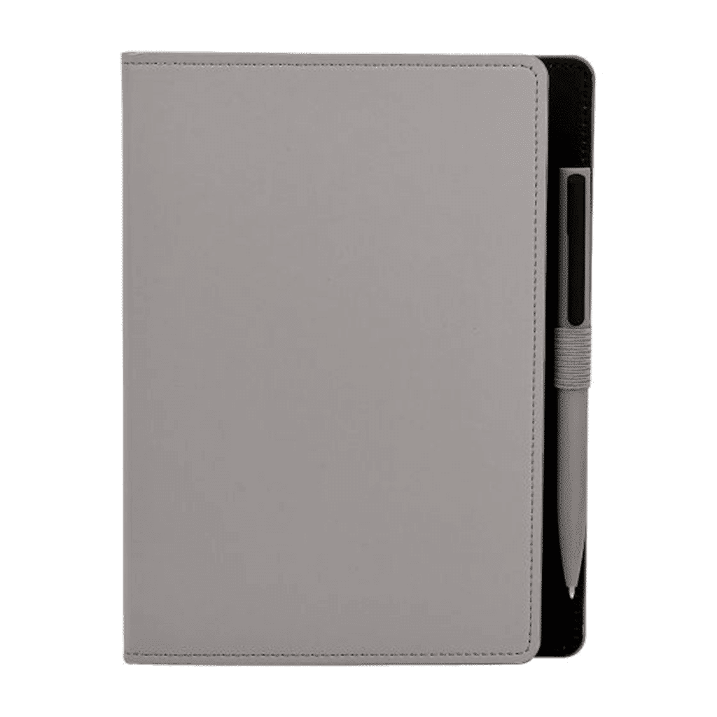 libreta hojas rayas boligrafo plastico grabado gris