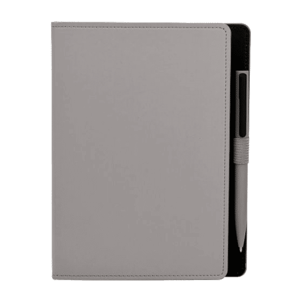 libreta hojas rayas boligrafo plastico grabado gris