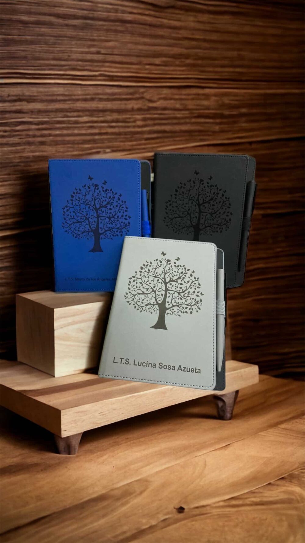 libreta hojas rayas boligrafo plastico grabado laser