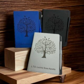 libreta hojas rayas boligrafo plastico grabado laser