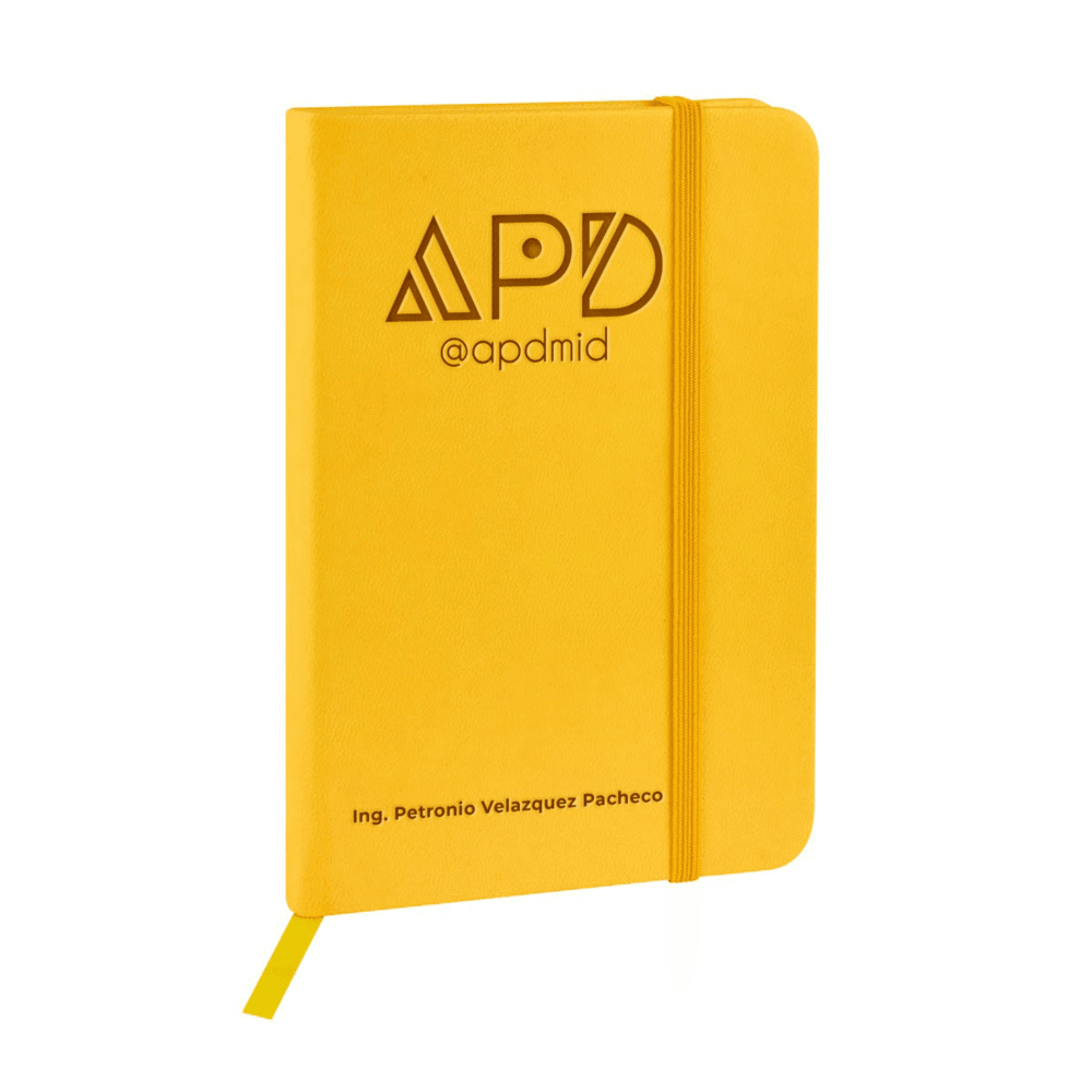 libreta hojas rayas separador elastico grabado amarillo logo nombre