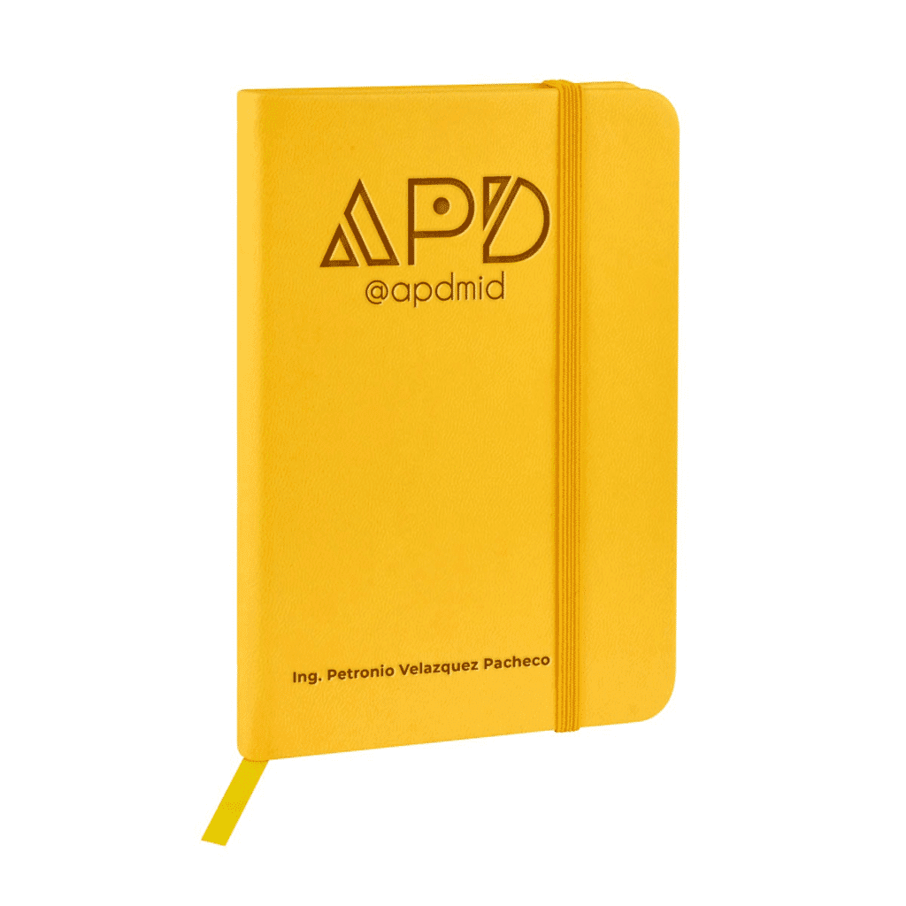 libreta hojas rayas separador elastico grabado amarillo logo nombre