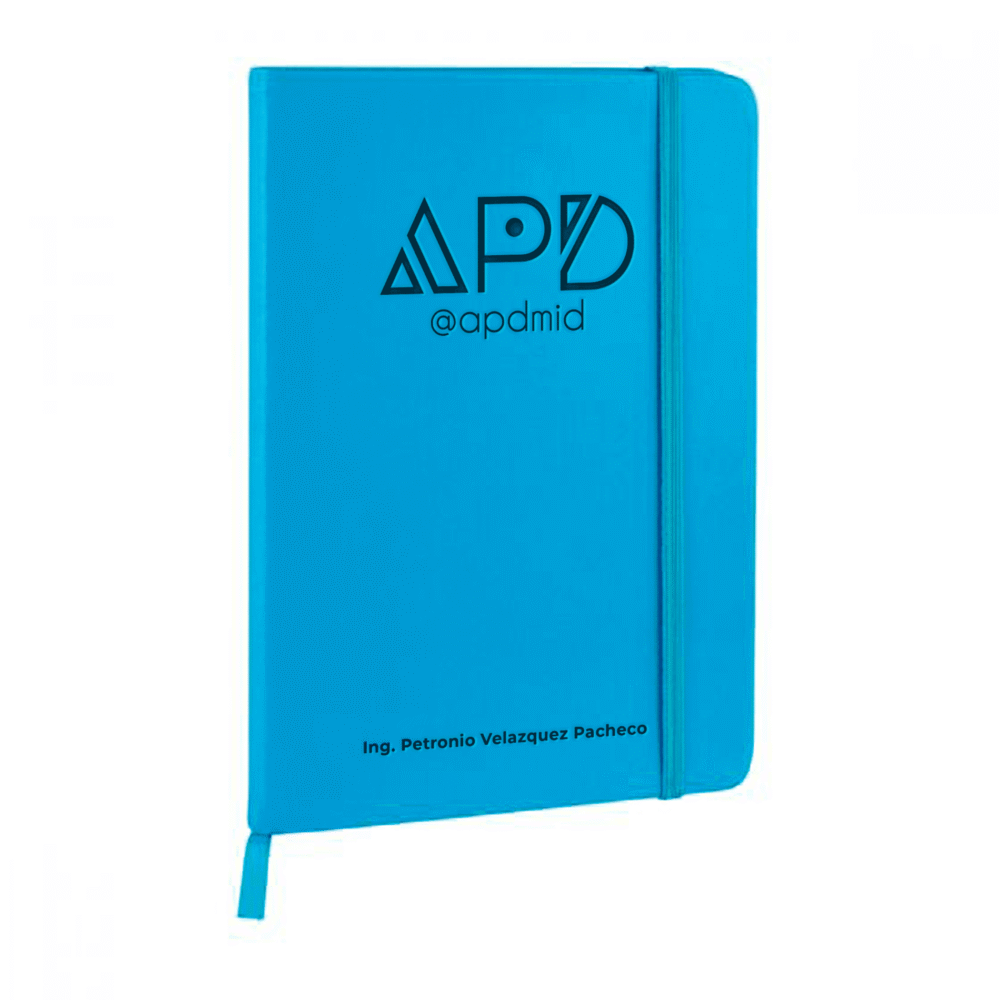 libreta hojas rayas separador elastico grabado azul cielo logo nombre