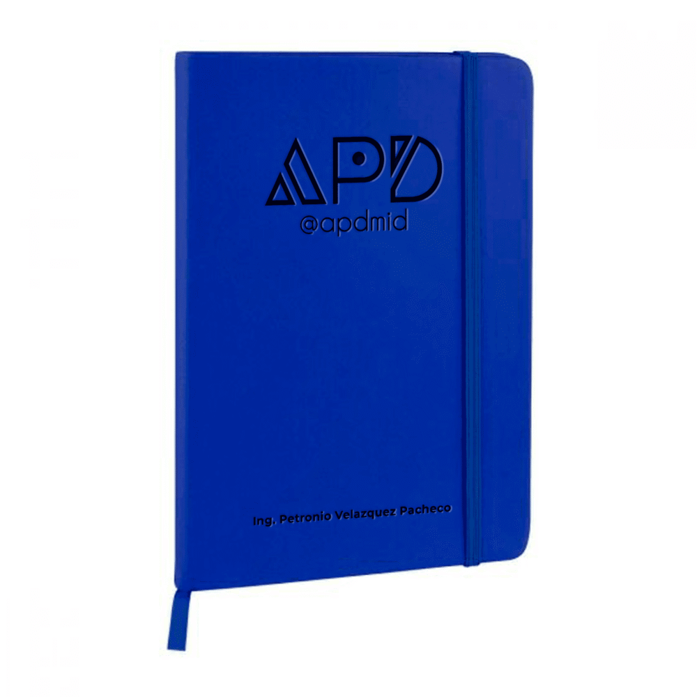 libreta hojas rayas separador elastico grabado azul logo nombre