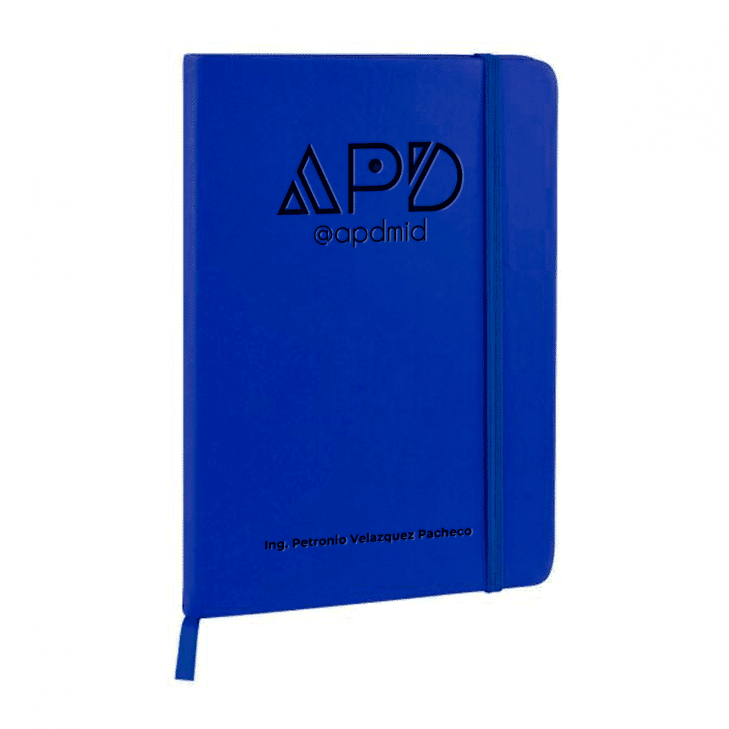 libreta hojas rayas separador elastico grabado azul logo nombre