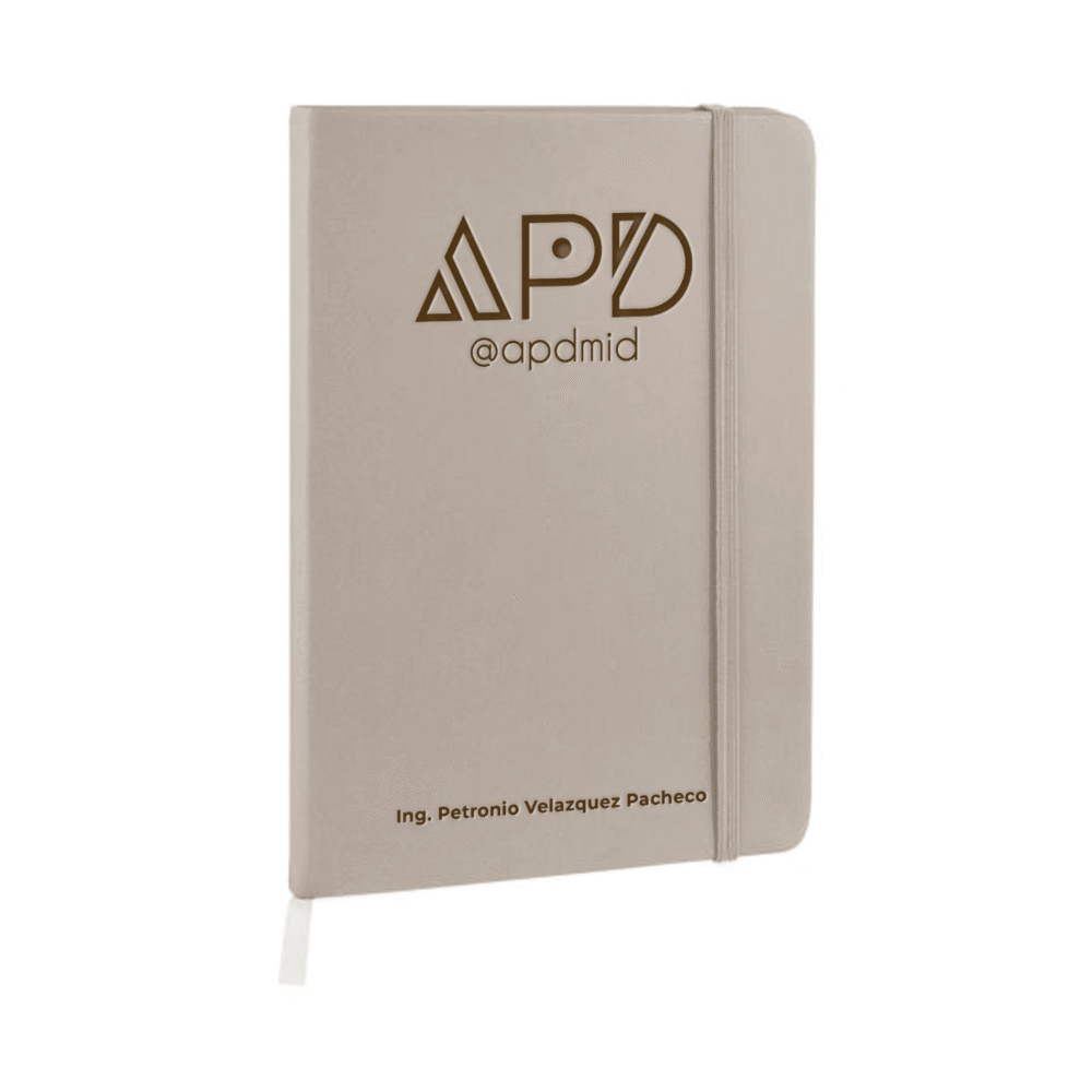 libreta hojas rayas separador elastico grabado gris logo nombre