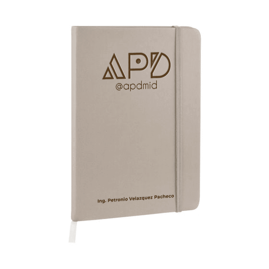 libreta hojas rayas separador elastico grabado gris logo nombre