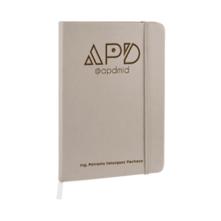 libreta hojas rayas separador elastico grabado gris logo nombre