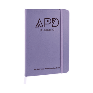 libreta hojas rayas separador elastico grabado morado logo nombre