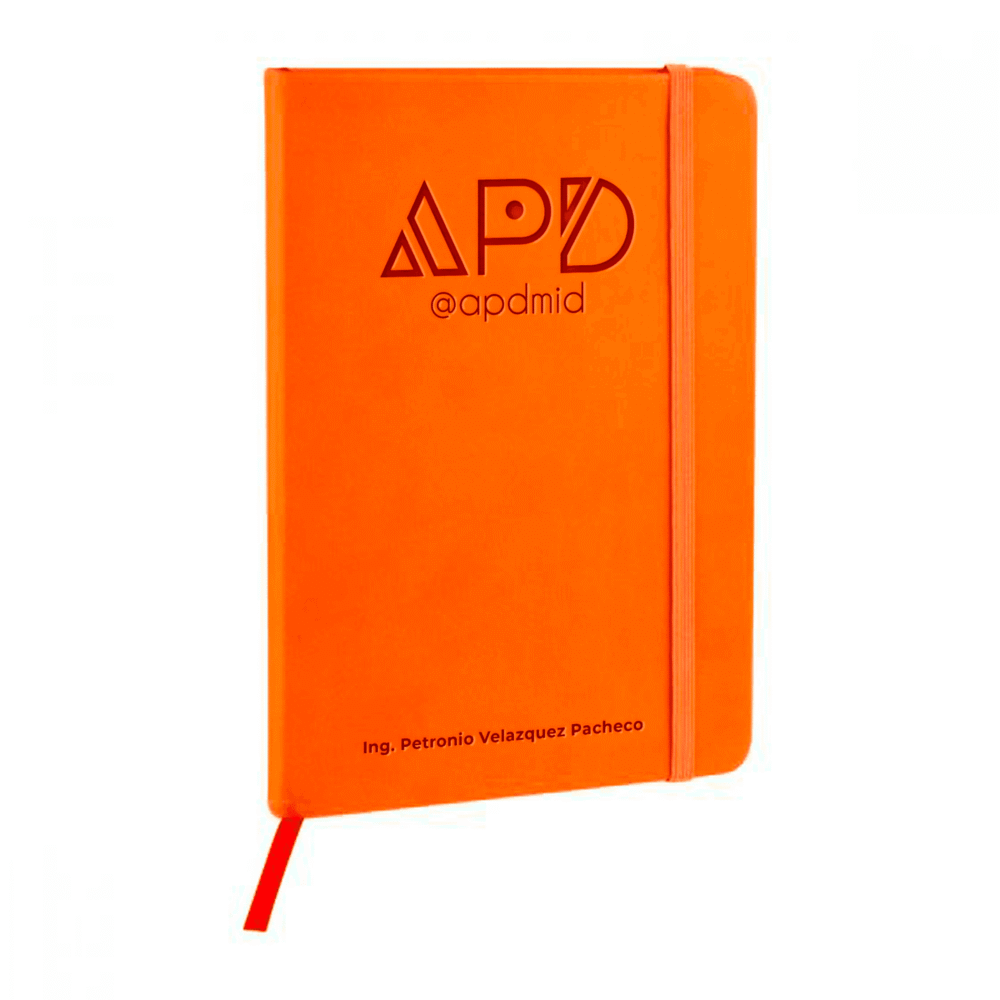 libreta hojas rayas separador elastico grabado naranja logo nombre