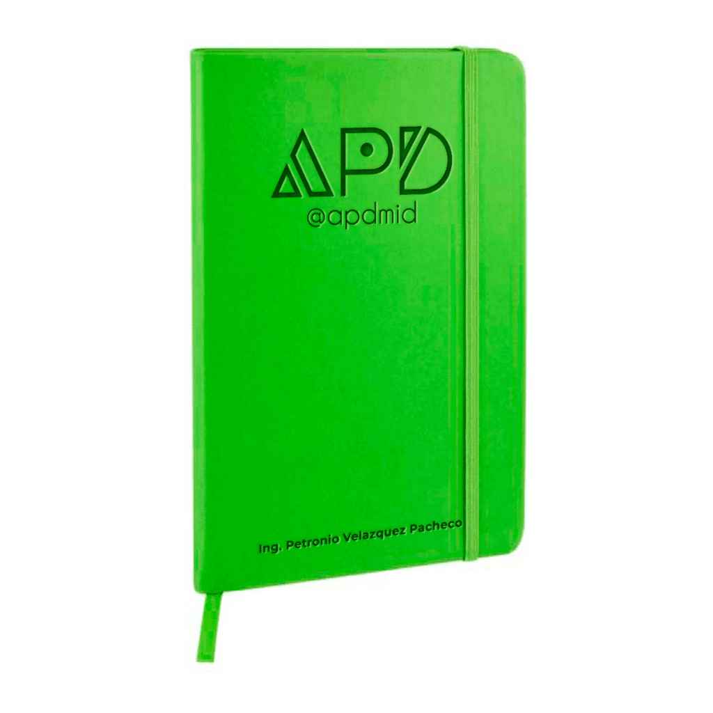 libreta hojas rayas separador elastico grabado verde logo nombre