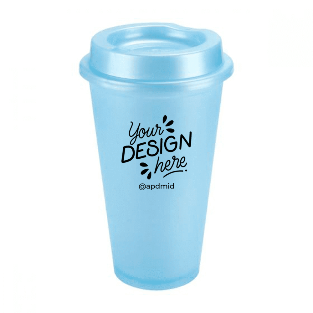 vaso plastico cafetero tapa serigrafia azul pastel logo