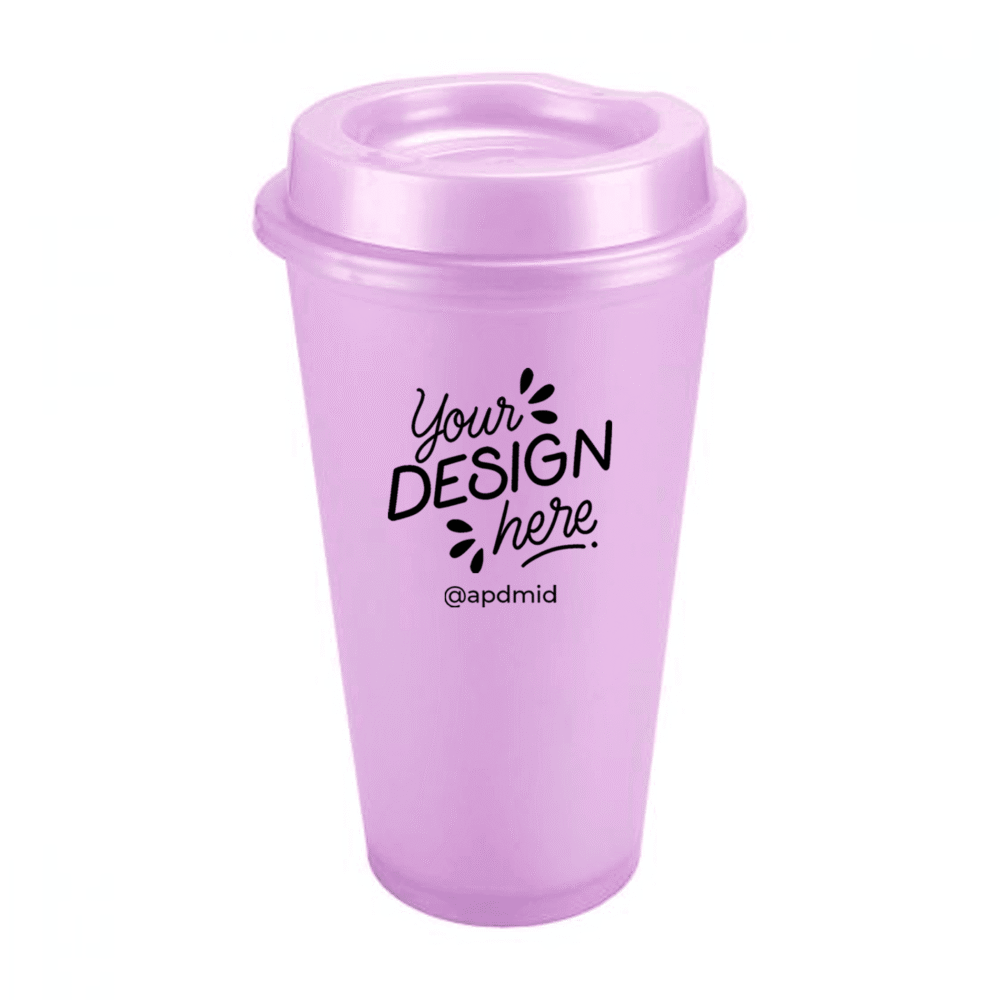 vaso plastico cafetero tapa serigrafia morado logo