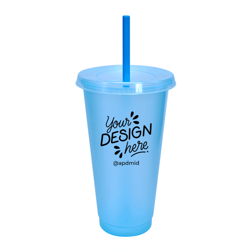vaso plastico tapa popote serigrafia azul pastel logo
