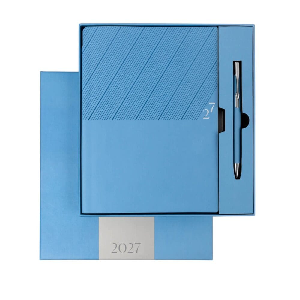 agenda semanal clasica azul con boligrafo