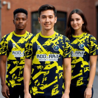 playera sublimada camuflaje amarillo azul grupal