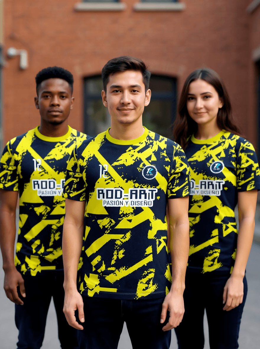 playera sublimada camuflaje amarillo azul grupal
