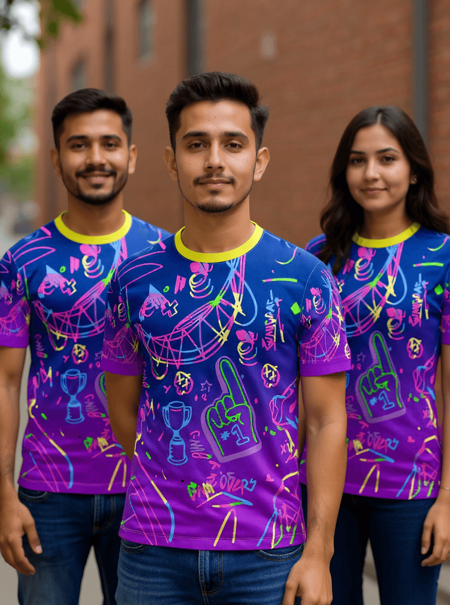 playera sublimada grafiti neon morado grupal